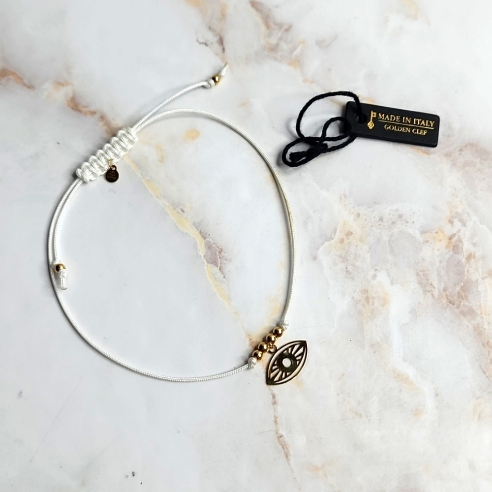 14k gold evil eye hamsa bracelet with fabric cord made in Italy
